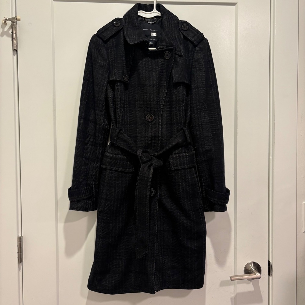 Banana Republic Italian Wool Blend Plaid Trench Coat Black Charcoal Medium